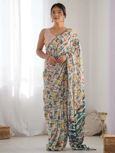 Awesome Off-White Digital Printed Chinon Festival Wear Saree